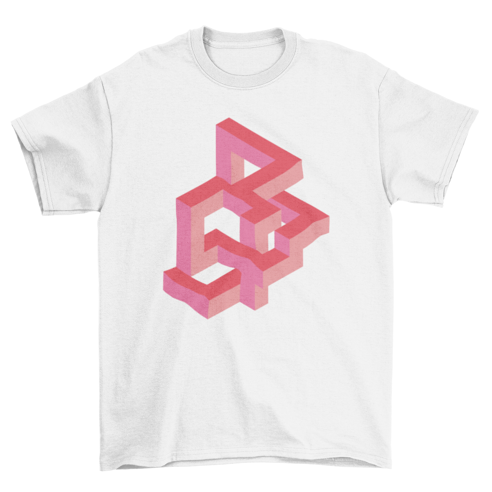 A vibrant pink t-shirt featuring a 3D optical illusion design with geometric shapes, perfect for casual wear.