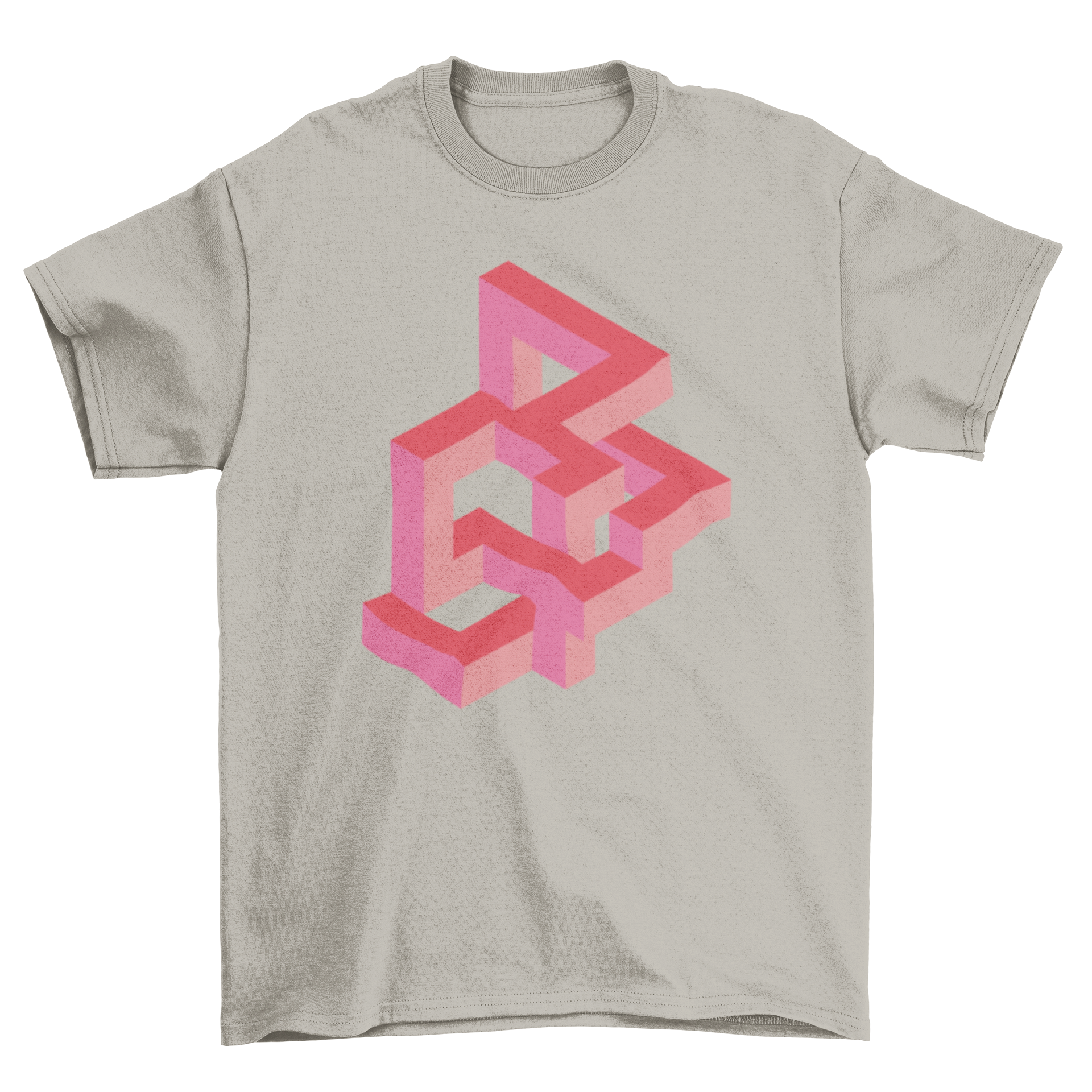 A vibrant pink t-shirt featuring a 3D optical illusion design with geometric shapes, perfect for casual wear.