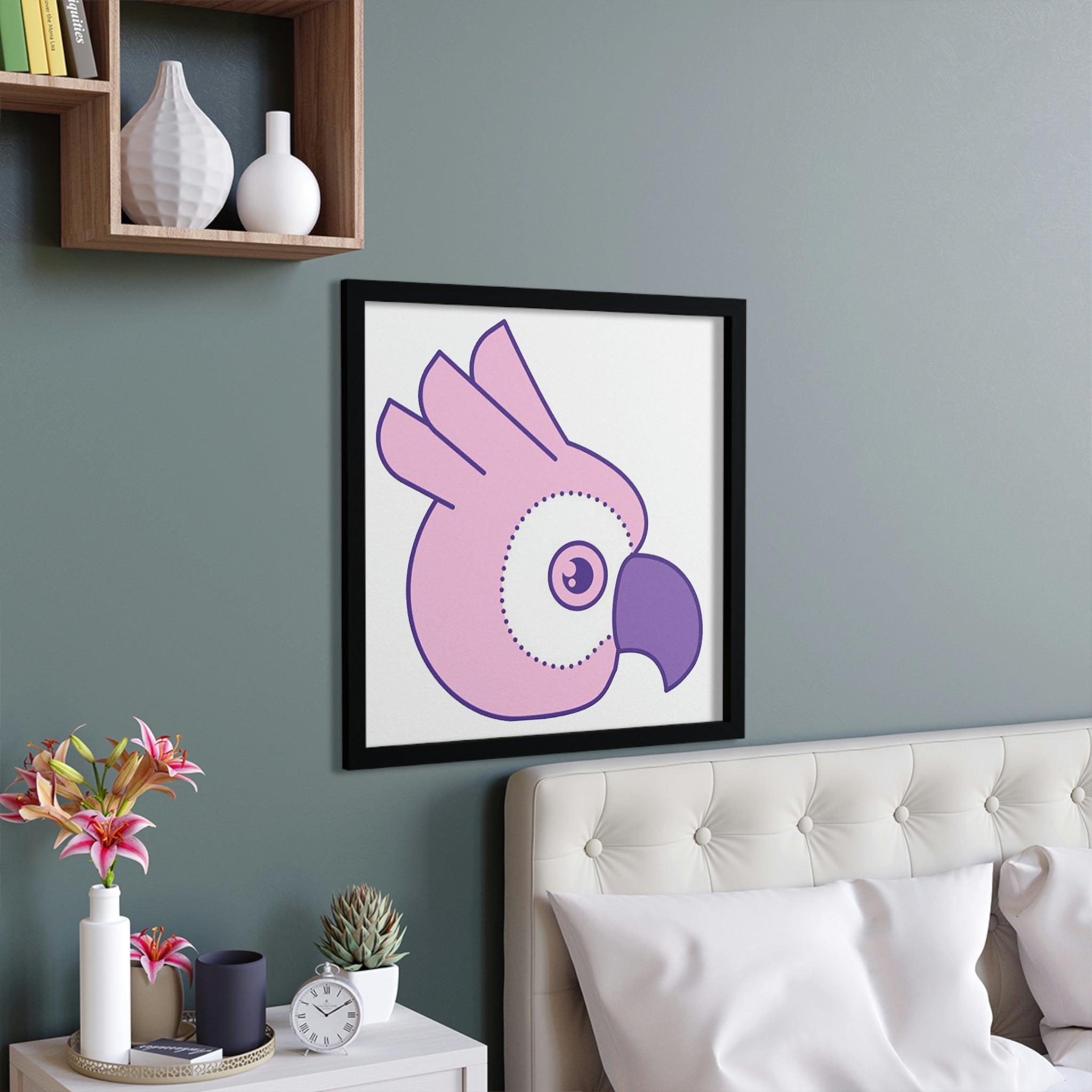 A vibrant Pink and Purple Bird Framed Poster showcasing a colorful bird design in a hand-crafted wooden frame.