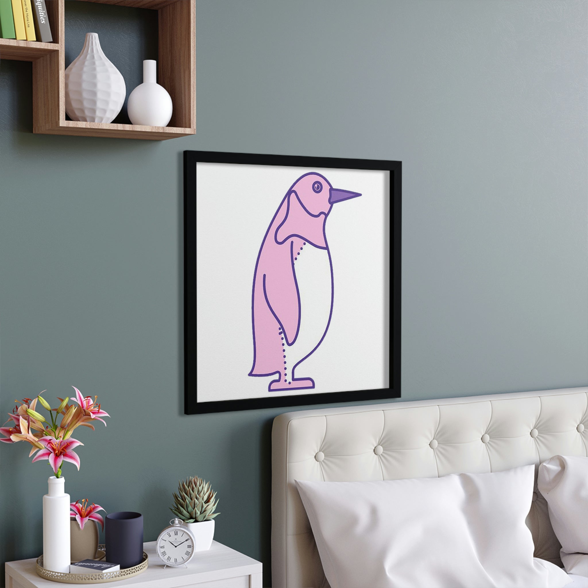 A beautifully framed poster featuring a pink and purple bird design, set in a hand-crafted wooden frame, ready to hang.