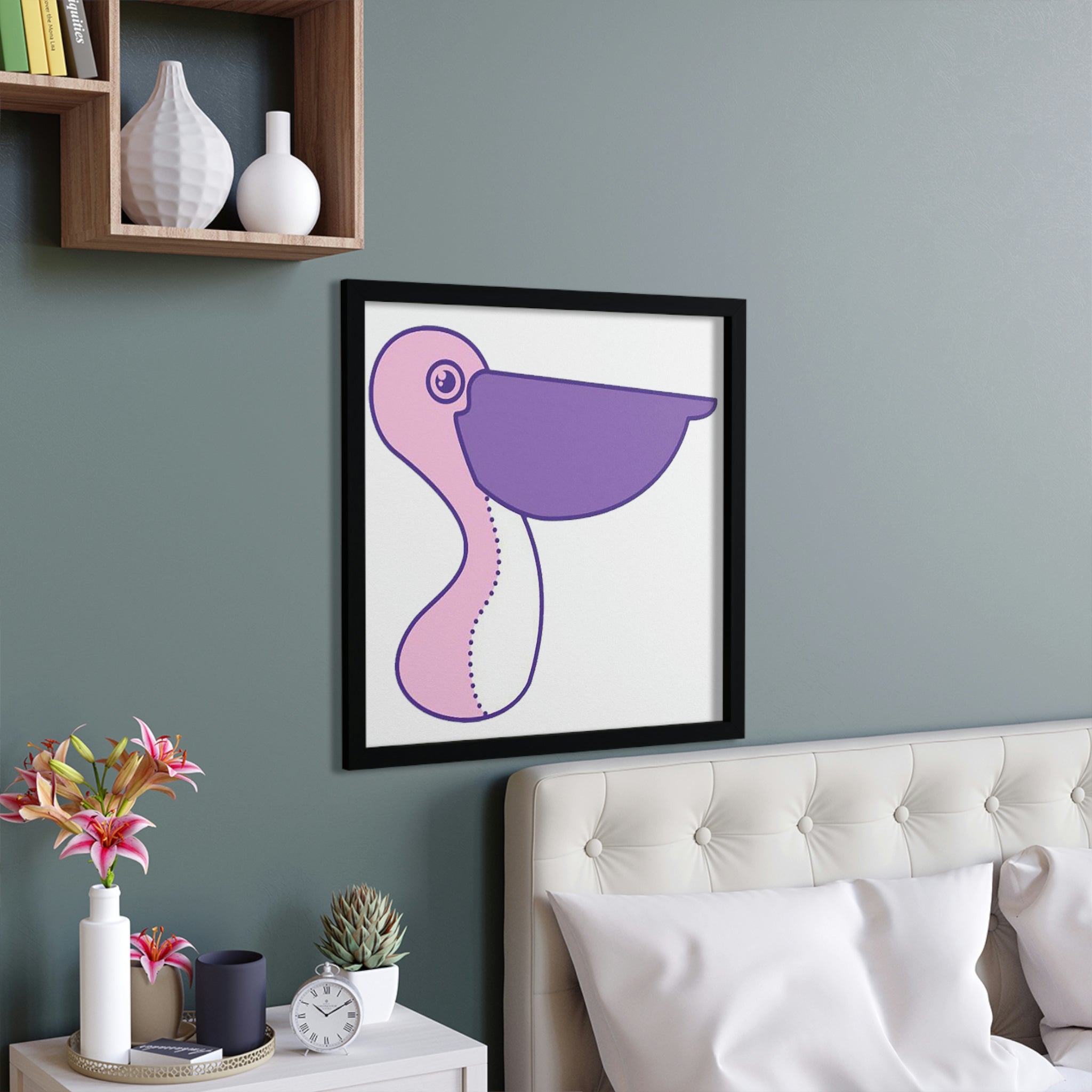 A vibrant Pink and Purple Bird Framed Poster showcasing a colorful bird design in a hand-crafted wooden frame, perfect for home decor.