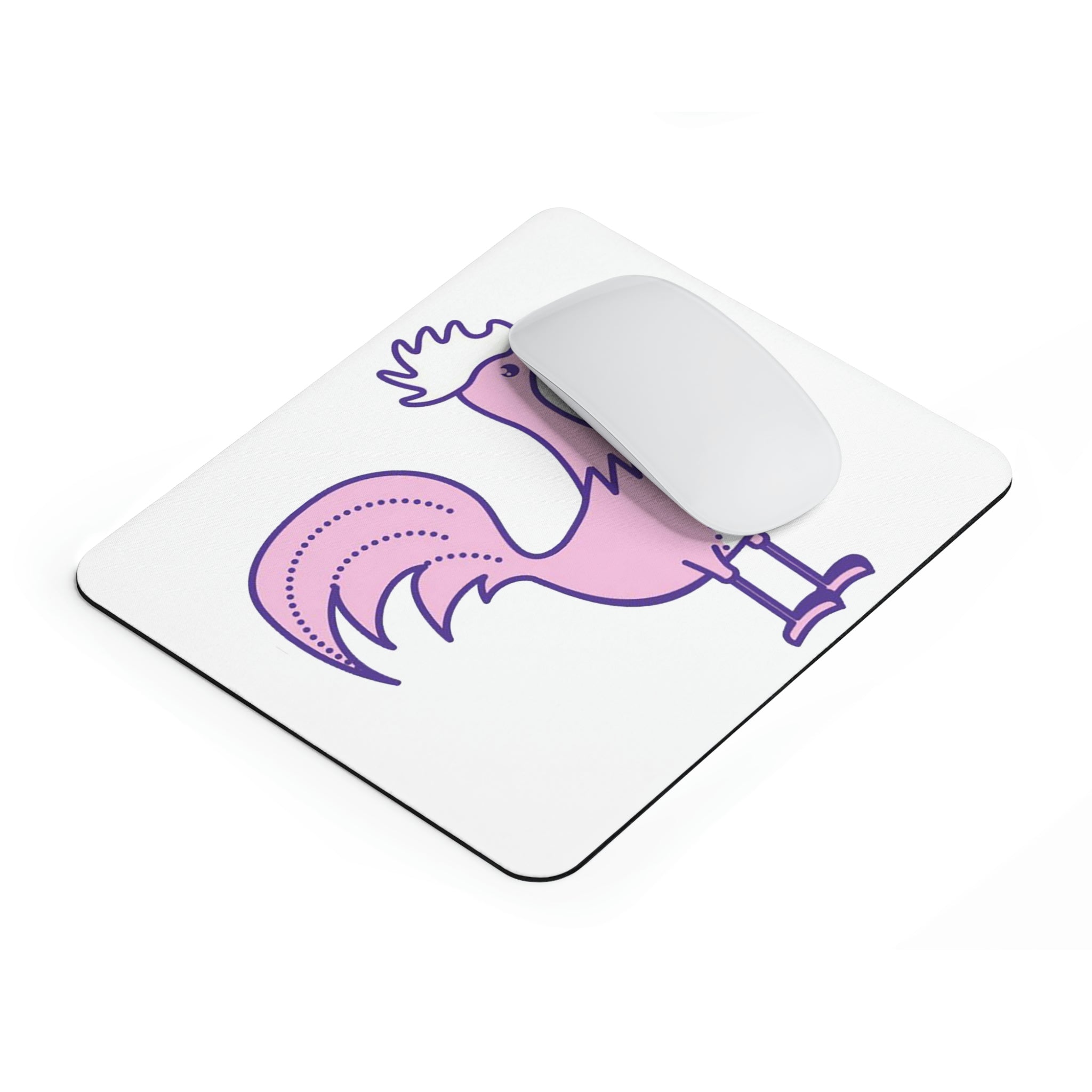 A vibrant pink and purple mouse pad featuring a bird design, perfect for enhancing any workspace.