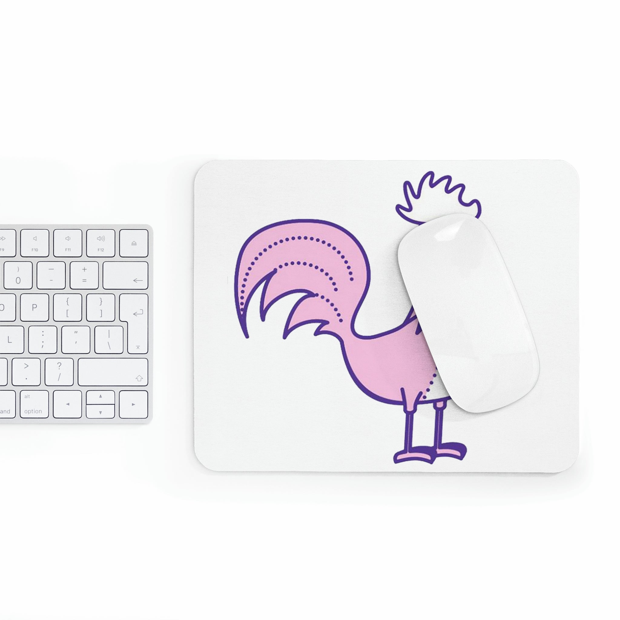 A vibrant pink and purple mouse pad featuring a bird design, perfect for enhancing any workspace.