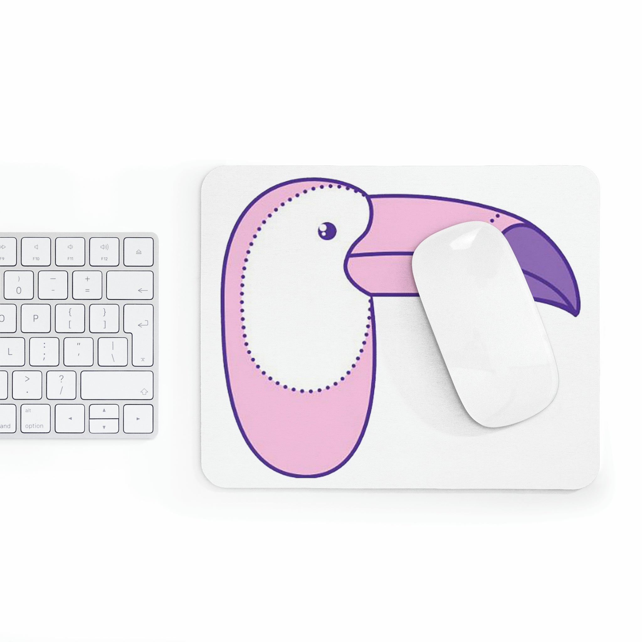 A vibrant pink and purple bird mouse pad featuring a colorful design, perfect for enhancing any workspace.