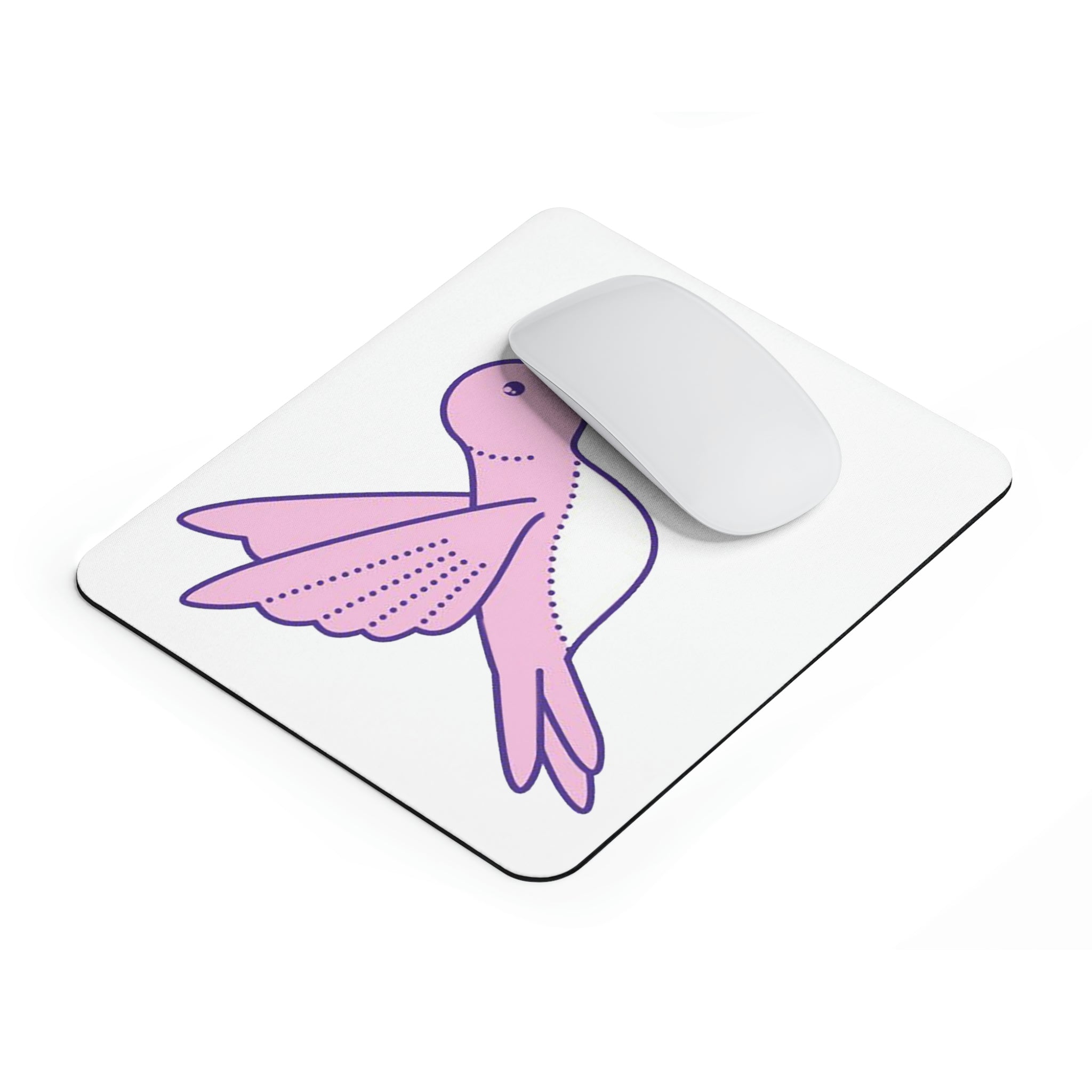 A vibrant pink and purple bird mouse pad featuring a colorful design, perfect for enhancing any workspace.