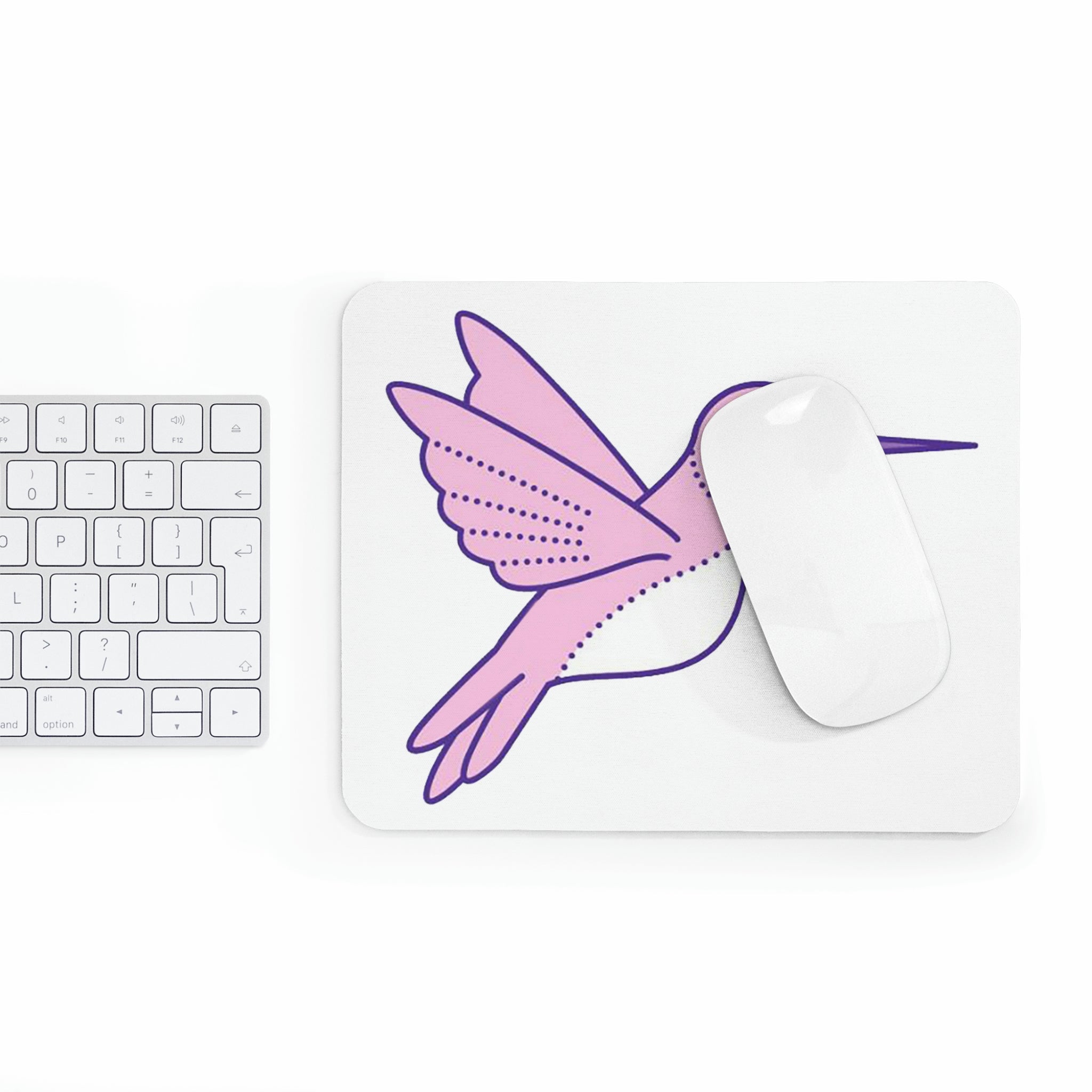 A vibrant pink and purple bird mouse pad featuring a colorful design, perfect for enhancing any workspace.