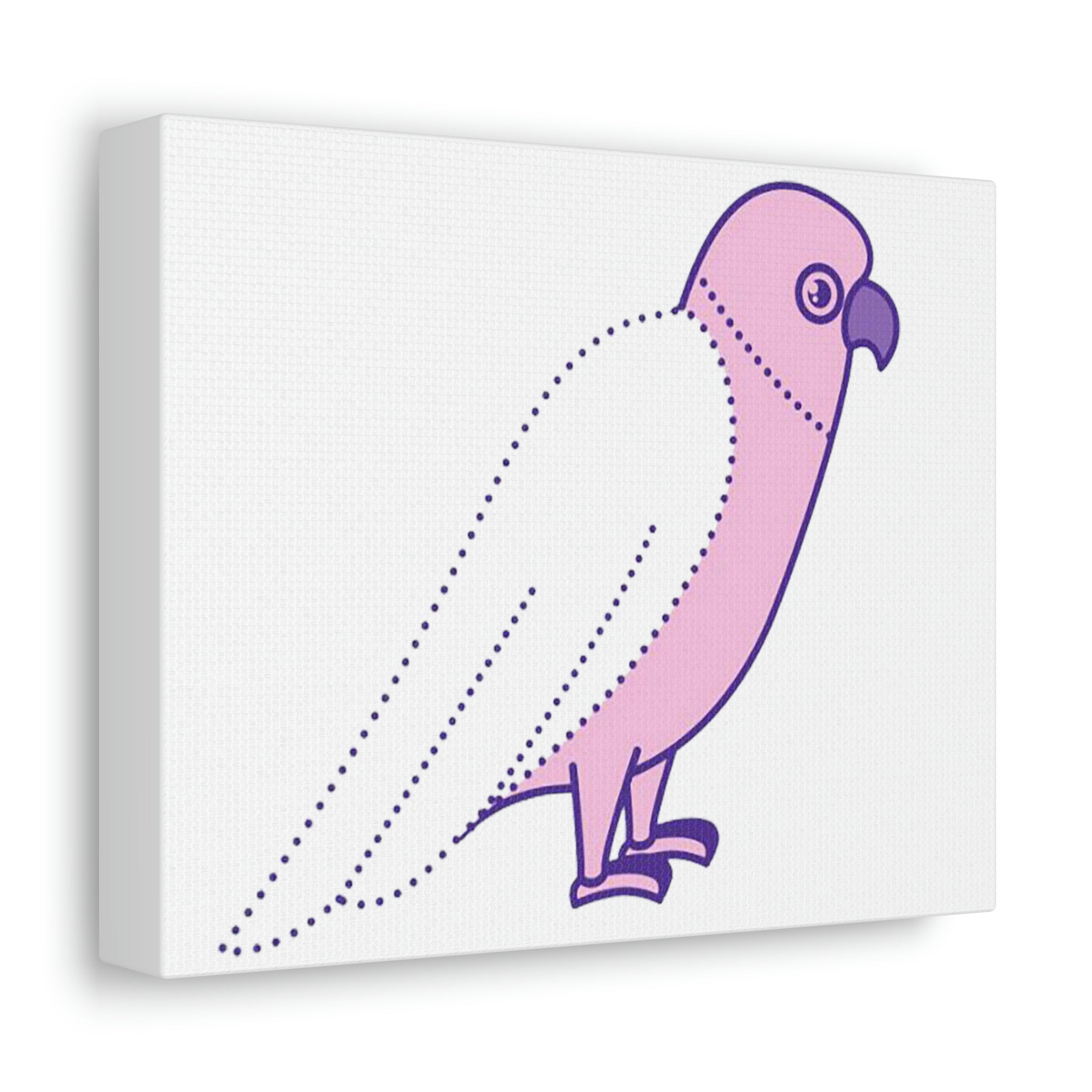 A vibrant stretched canvas featuring a pink and purple bird design, elegantly framed and ready for indoor display.