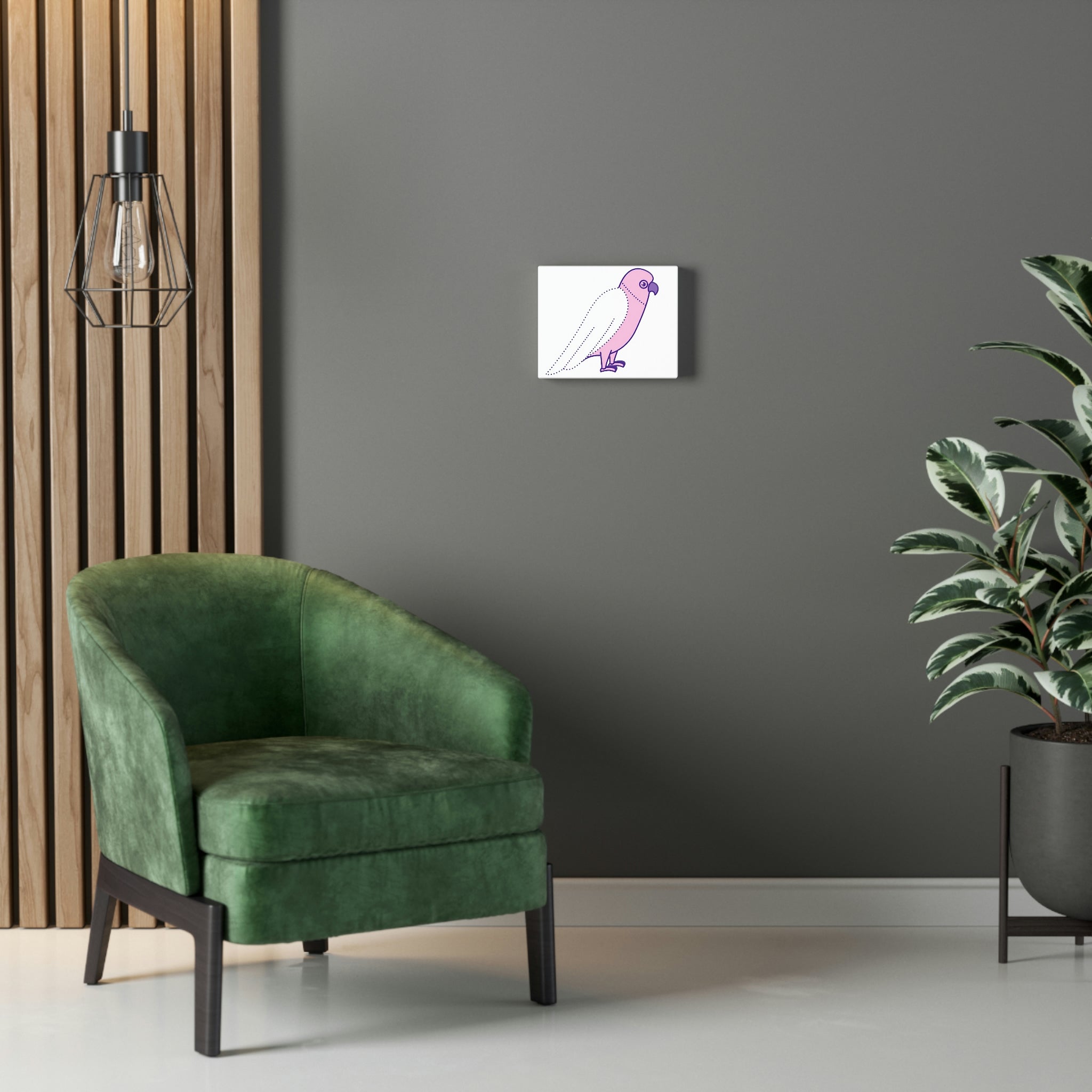 A vibrant stretched canvas featuring a pink and purple bird design, elegantly framed and ready for indoor display.