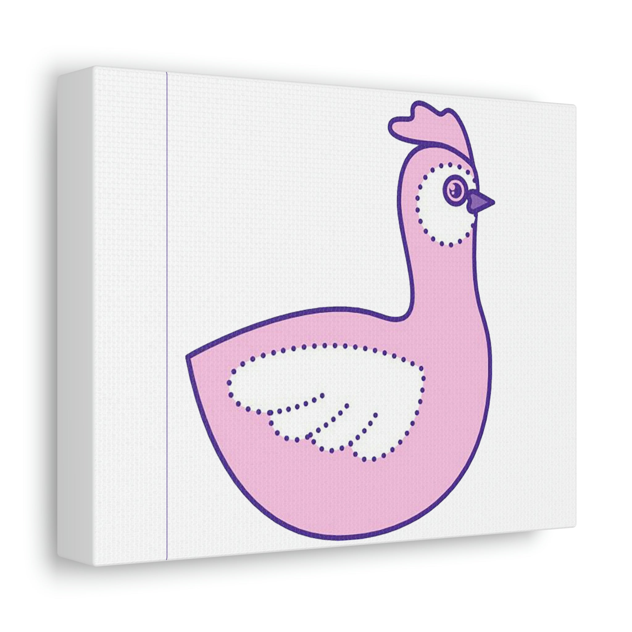 A vibrant pink and purple bird canvas stretched on a wooden frame, showcasing intricate details and colors.