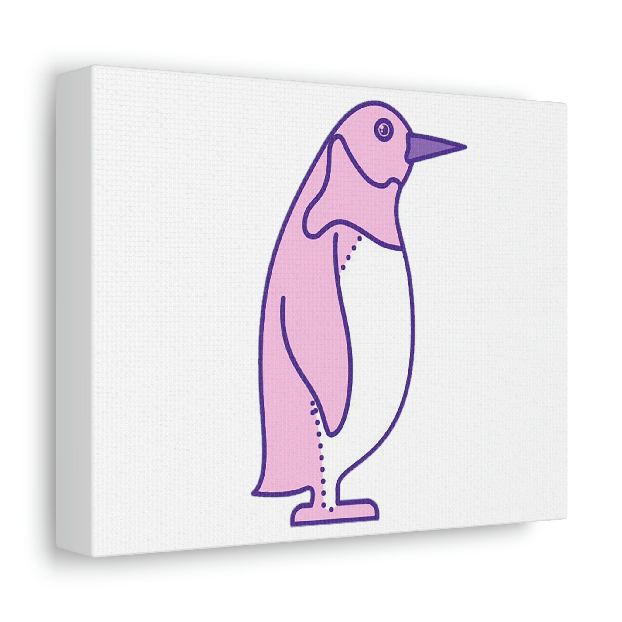A vibrant pink and purple bird canvas stretched over a wooden frame, perfect for indoor decoration.