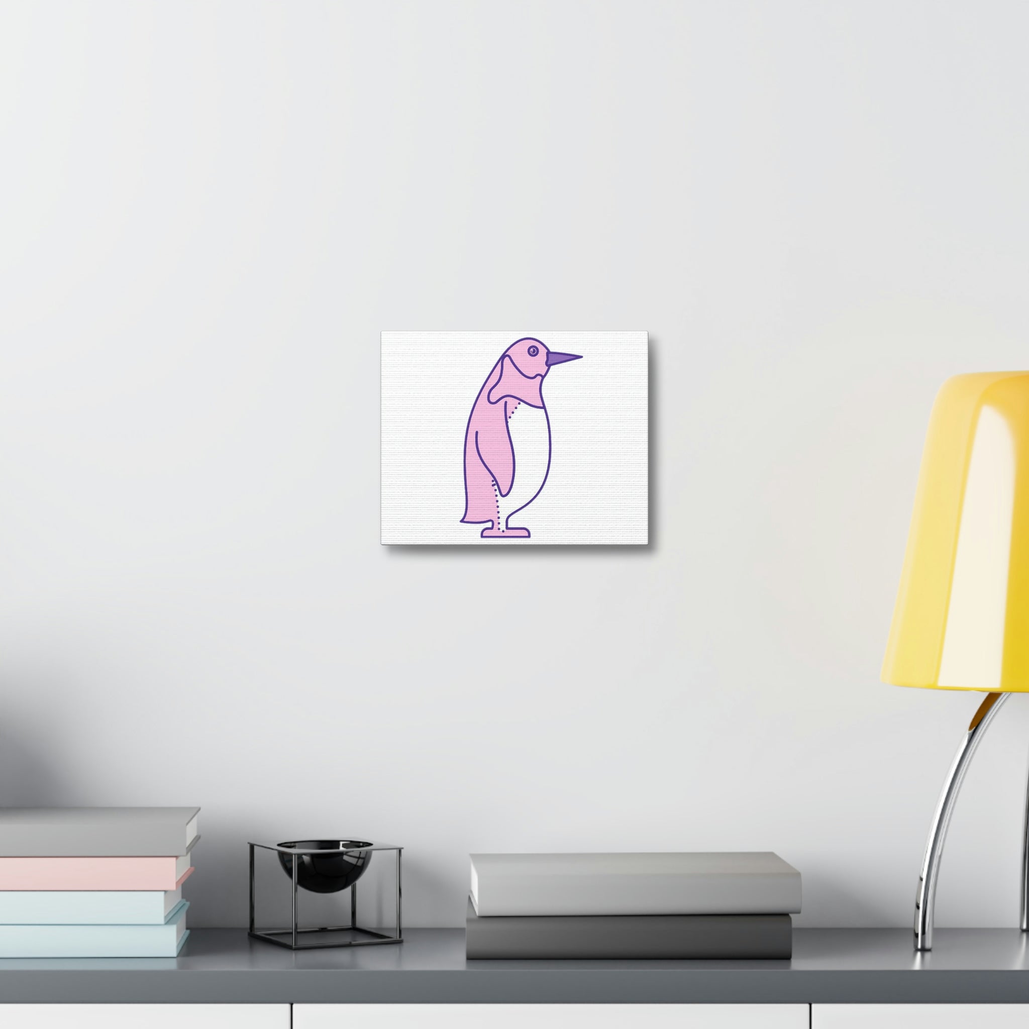 A vibrant pink and purple bird canvas stretched over a wooden frame, perfect for indoor decoration.