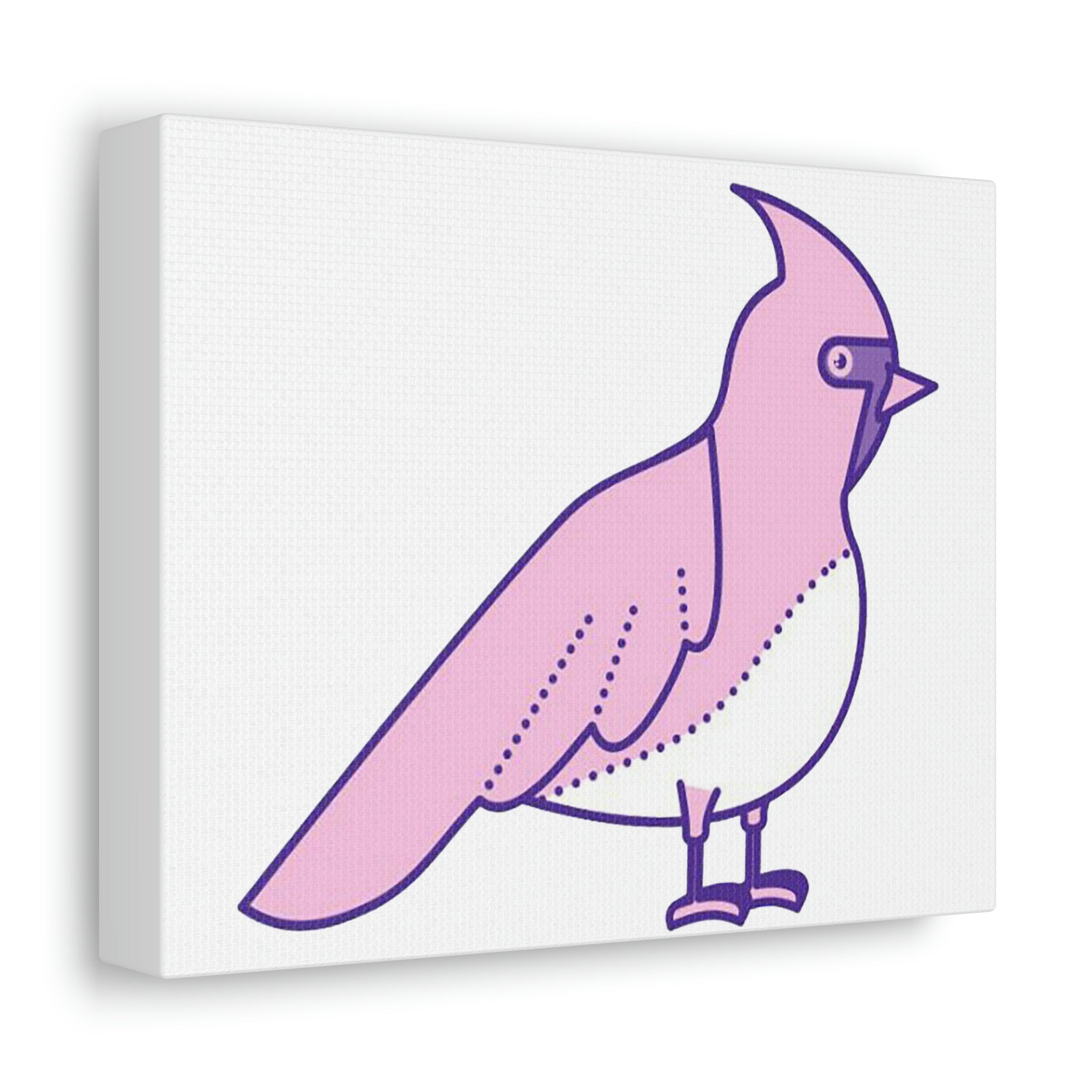 A vibrant pink and purple bird stretched canvas artwork, elegantly framed and ready for indoor display.