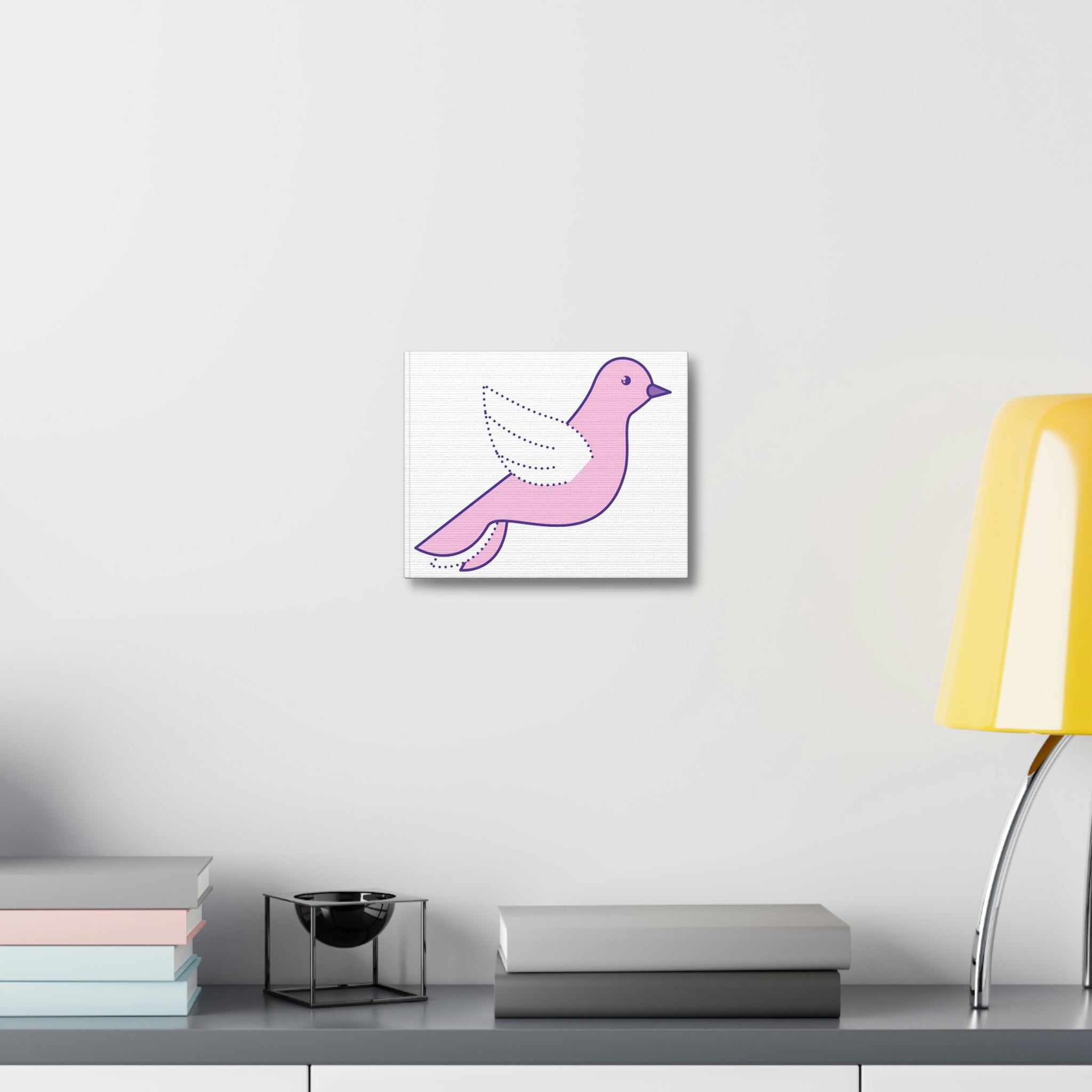 A vibrant pink and purple bird canvas stretched over a wooden frame, perfect for indoor decoration.