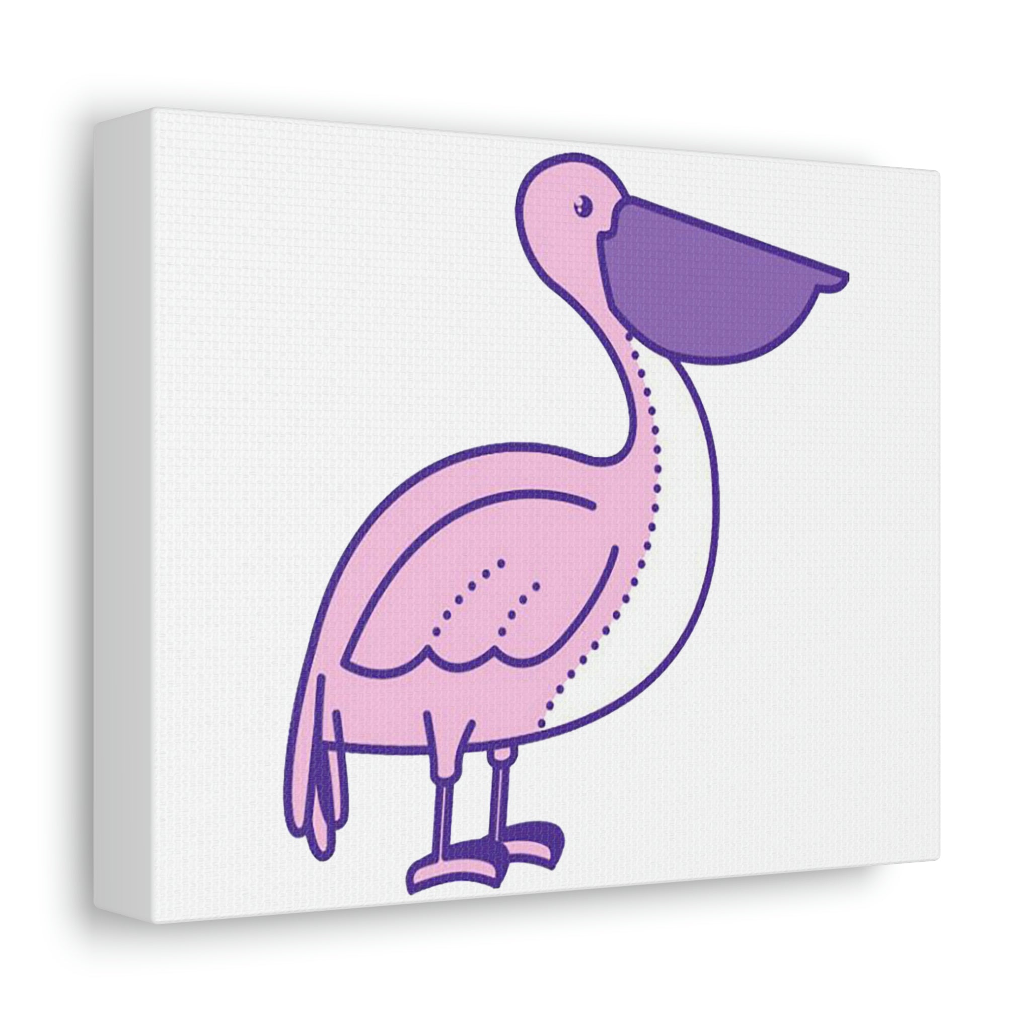 A vibrant pink and purple bird artwork printed on a stretched canvas, showcasing intricate details and vivid colors, perfect for indoor decor.