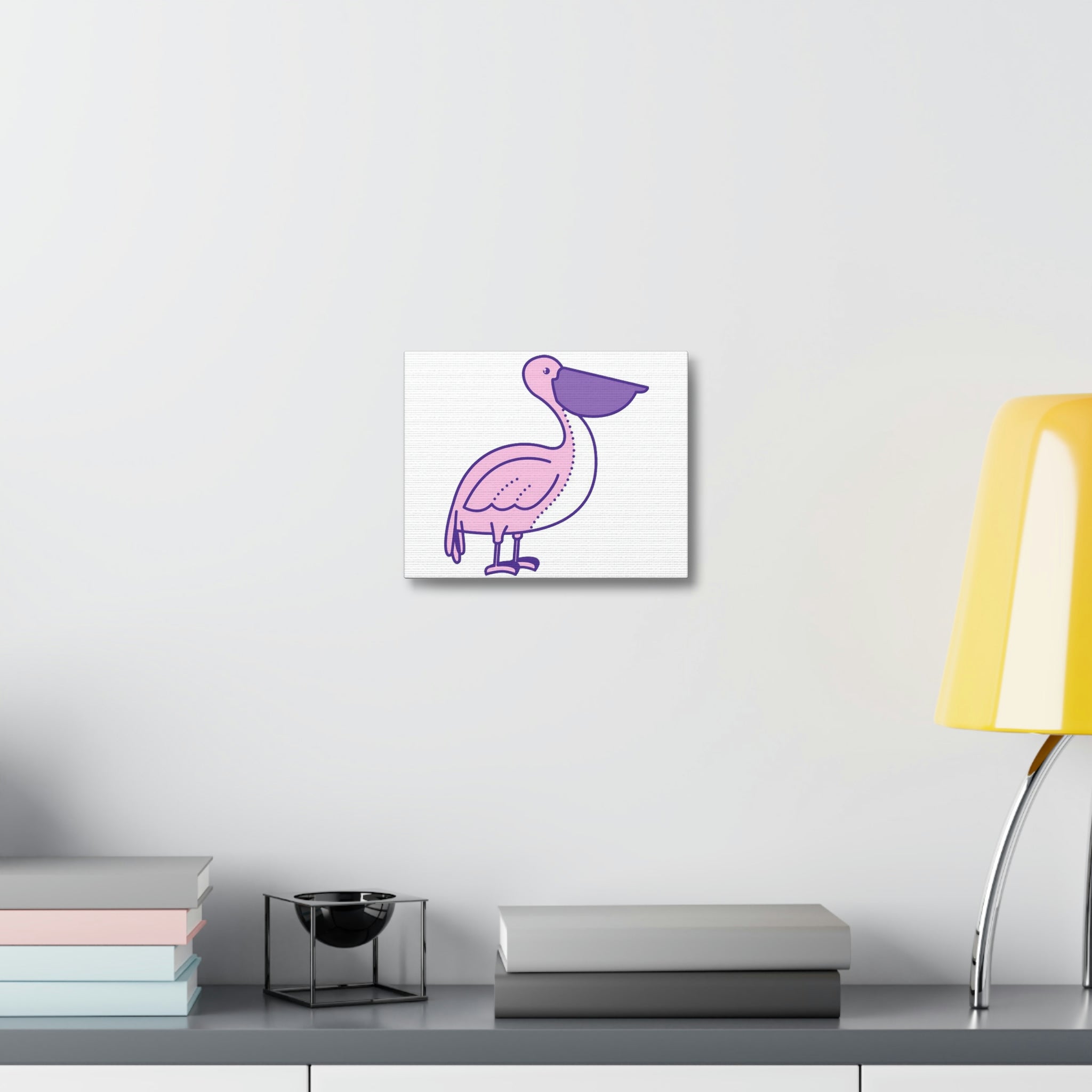 A vibrant pink and purple bird artwork printed on a stretched canvas, showcasing intricate details and vivid colors, perfect for indoor decor.