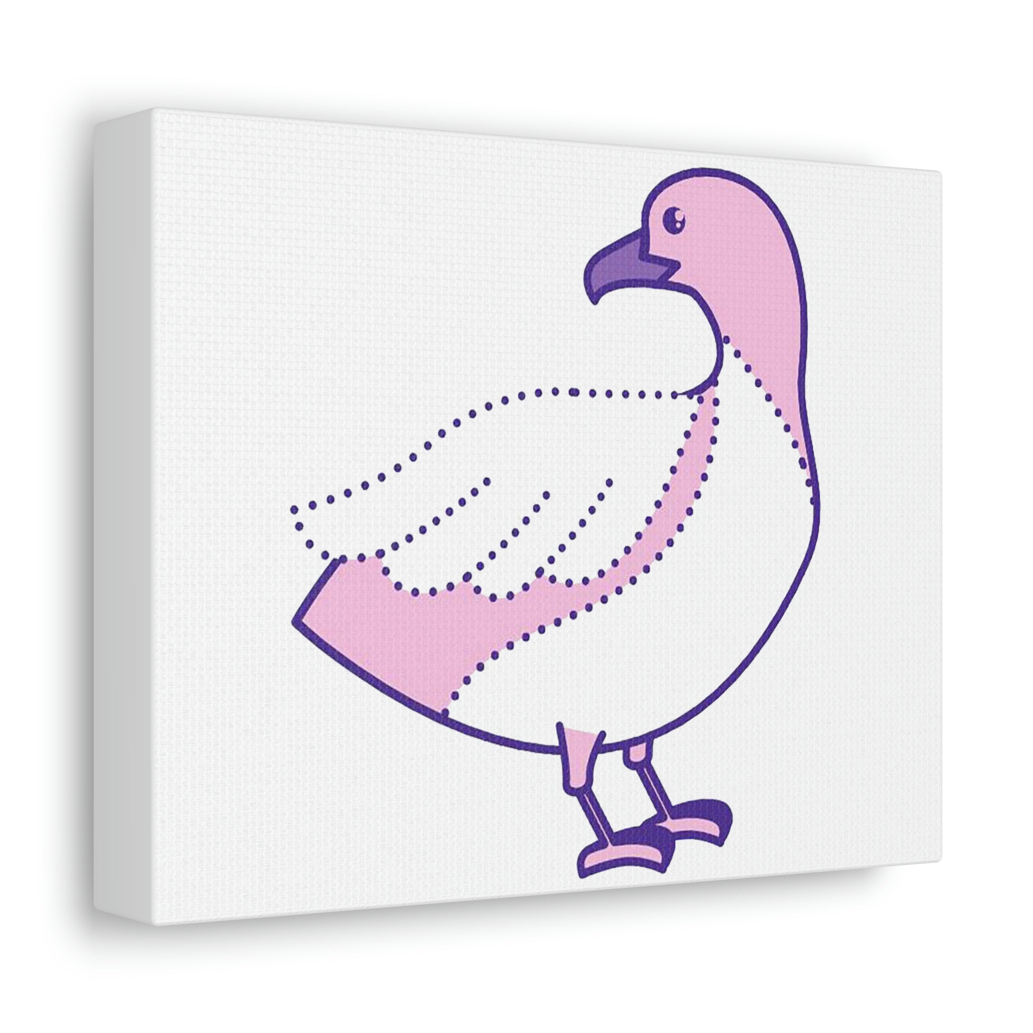 A vibrant pink and purple bird artwork printed on a stretched canvas, showcasing intricate details and vivid colors.
