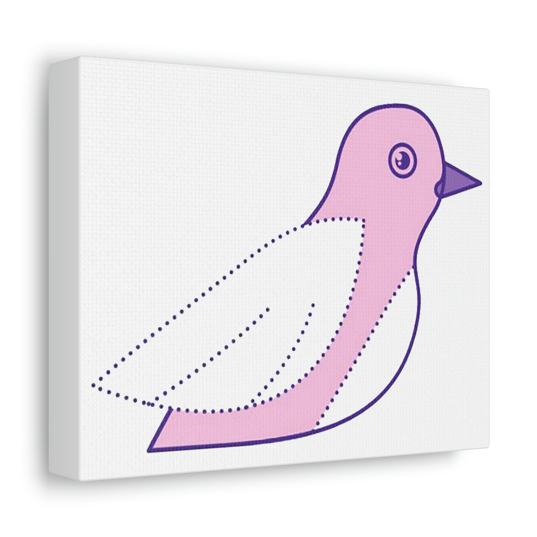 A vibrant stretched canvas featuring a pink and purple bird design, elegantly framed for indoor display.