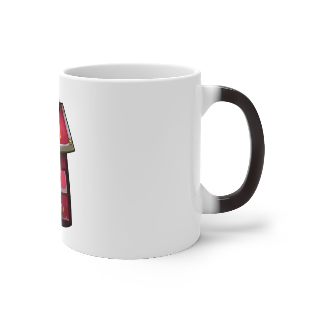 A pink color changing mug with a C-handle, showcasing its unique design and color transformation when filled with hot liquid.