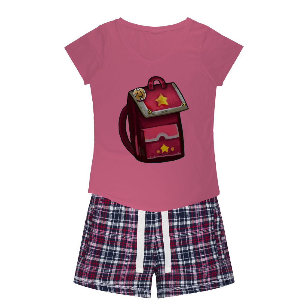 Pink Bag Women's Sleepy Tee and Flannel Short set featuring a relaxed fit T-shirt and colorful flannel shorts, perfect for cozy nights.