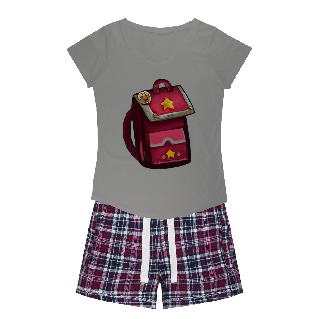 Pink Bag Women's Sleepy Tee and Flannel Short set featuring a relaxed fit T-shirt and colorful flannel shorts, perfect for cozy nights.