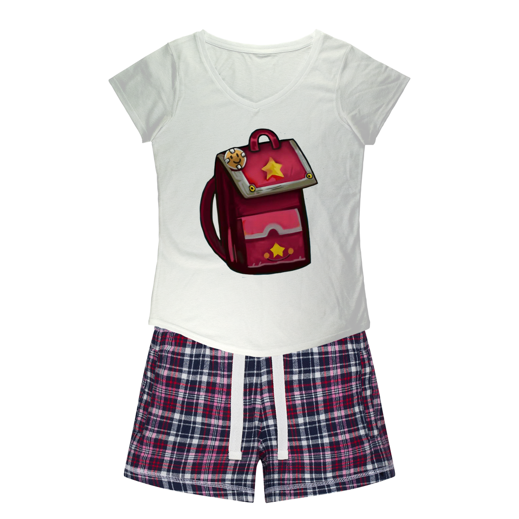 Pink Bag Women's Sleepy Tee and Flannel Short set featuring a relaxed fit T-shirt and colorful flannel shorts, perfect for cozy nights.