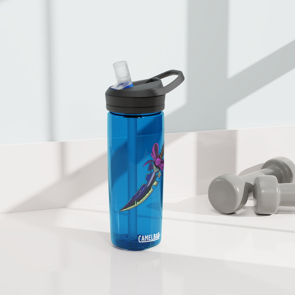Pink Bow Sword CamelBak Eddy® Water Bottle in 20oz and 25oz sizes, showcasing its stylish design and durable construction.