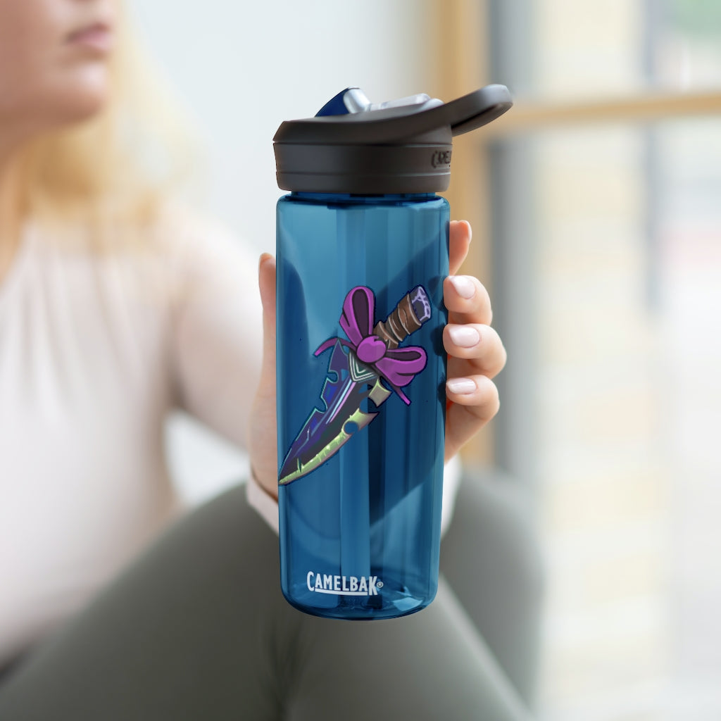 Pink Bow Sword CamelBak Eddy® Water Bottle in 20oz and 25oz sizes, showcasing its stylish design and durable construction.