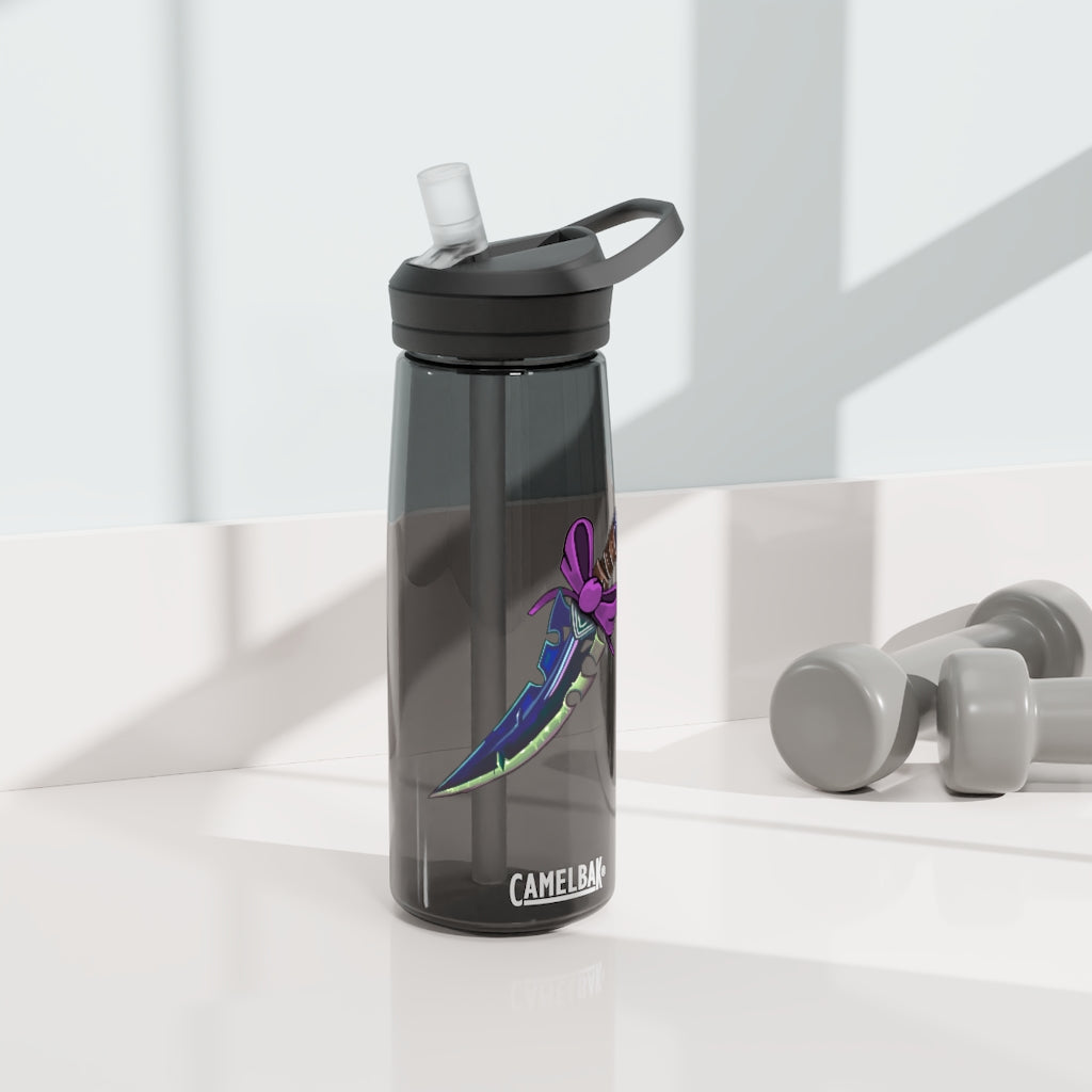 Pink Bow Sword CamelBak Eddy® Water Bottle in 20oz and 25oz sizes, showcasing its stylish design and durable construction.