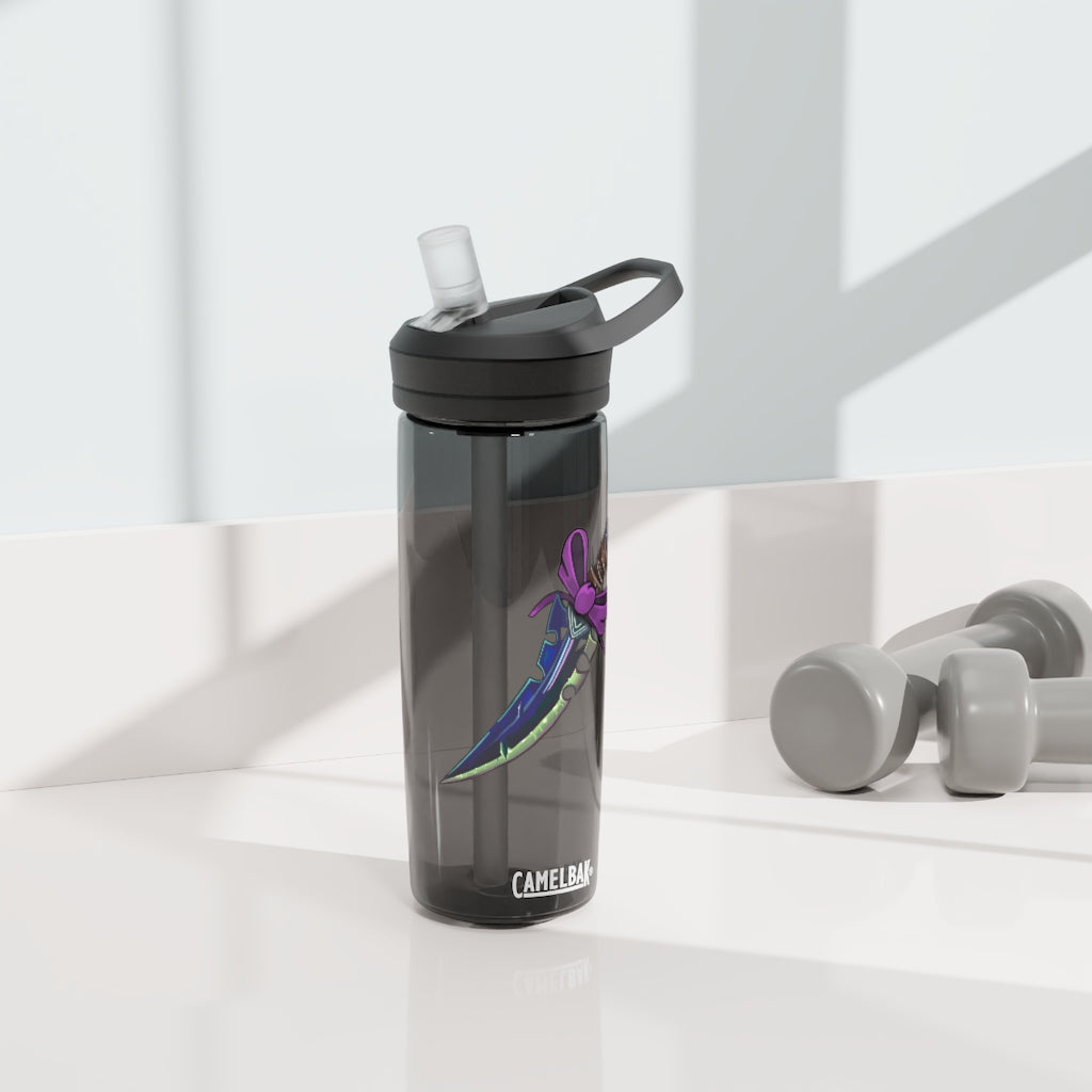 Pink Bow Sword CamelBak Eddy® Water Bottle in 20oz and 25oz sizes, showcasing its stylish design and durable construction.