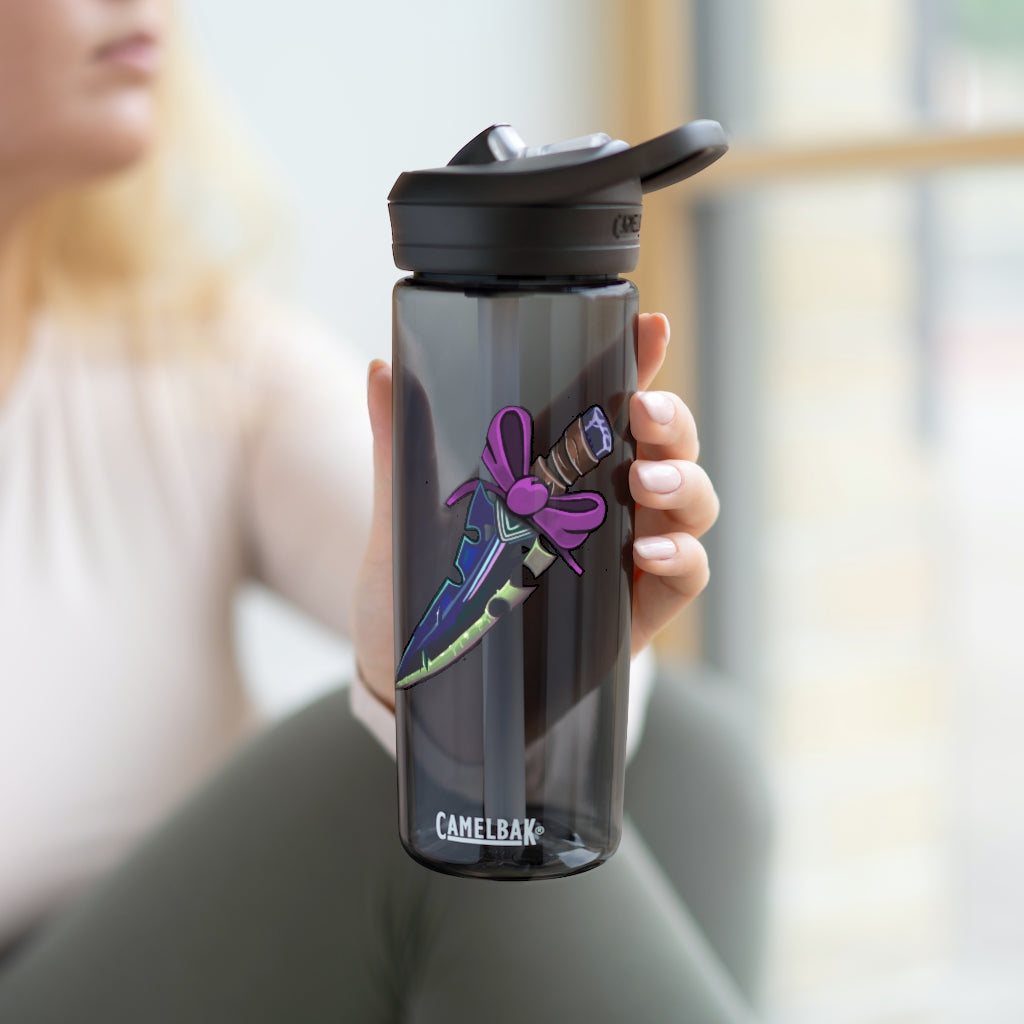 Pink Bow Sword CamelBak Eddy® Water Bottle in 20oz and 25oz sizes, showcasing its stylish design and durable construction.