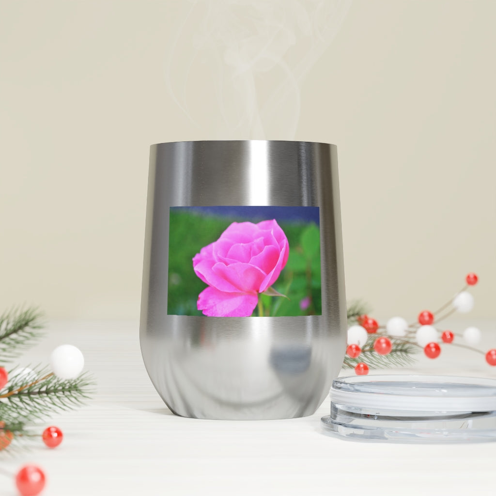 A stylish Pink Flower 12oz Insulated Wine Tumbler with a clear lid, showcasing a vibrant floral design.