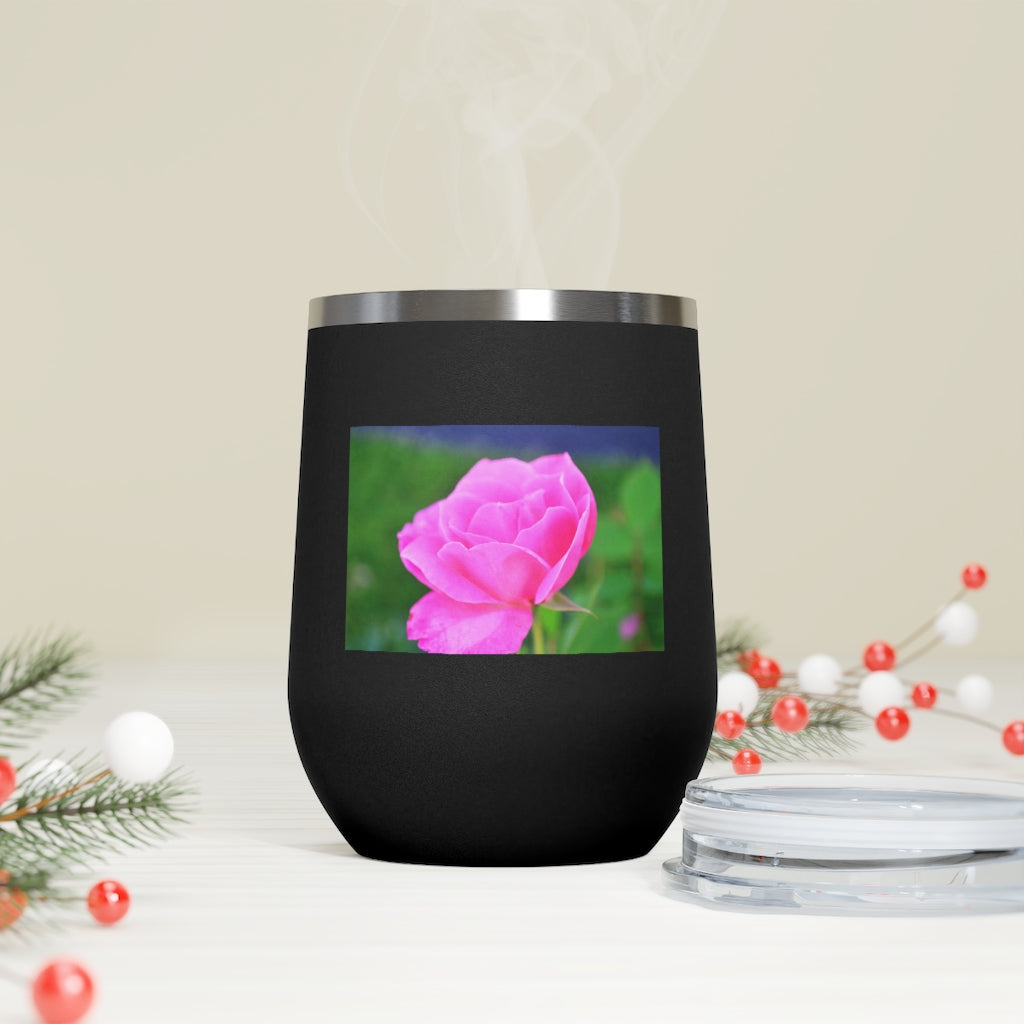 A stylish Pink Flower 12oz Insulated Wine Tumbler with a clear lid, showcasing a vibrant floral design.