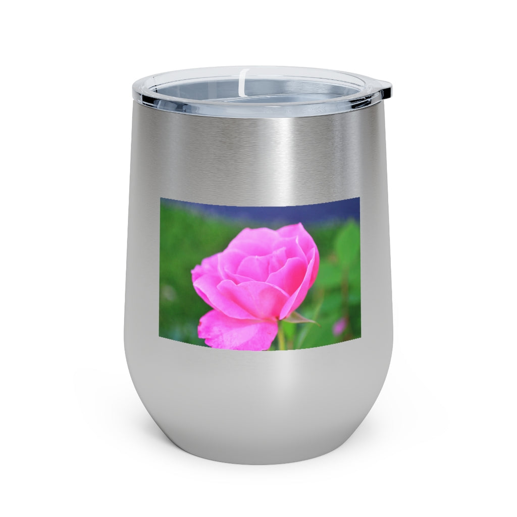 A stylish Pink Flower 12oz Insulated Wine Tumbler with a clear lid, showcasing a vibrant floral design.