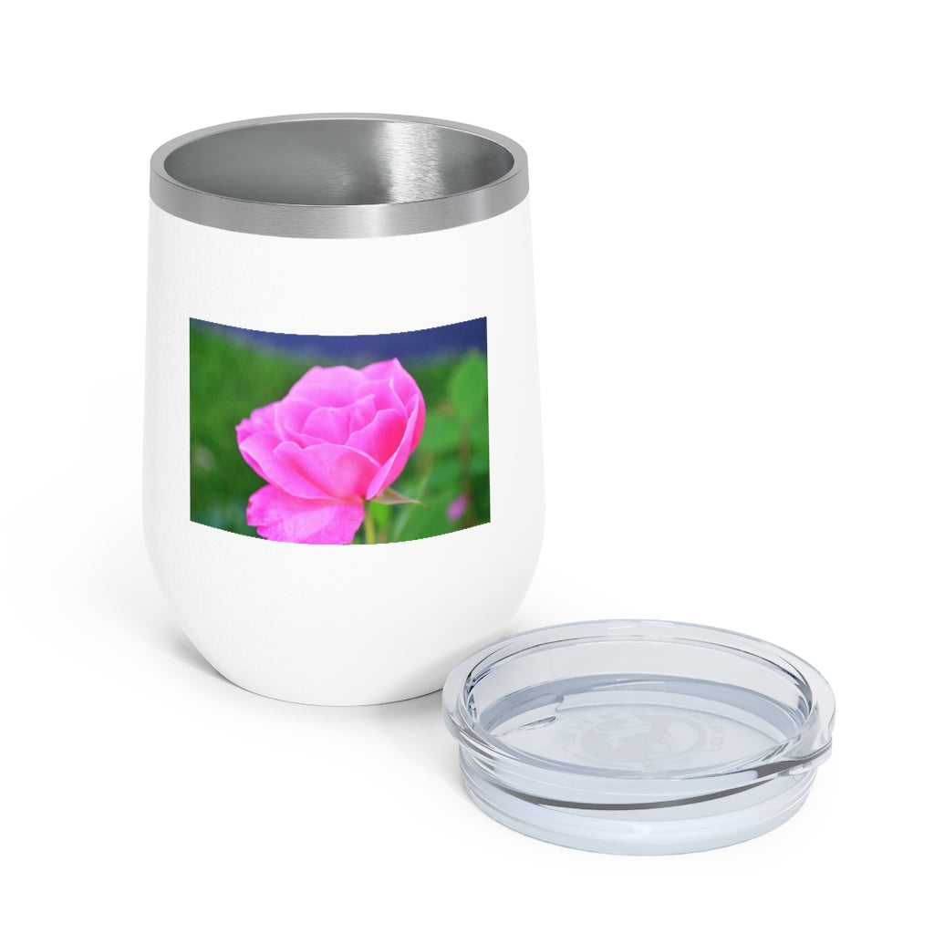 A stylish Pink Flower 12oz Insulated Wine Tumbler with a clear lid, showcasing a vibrant floral design.