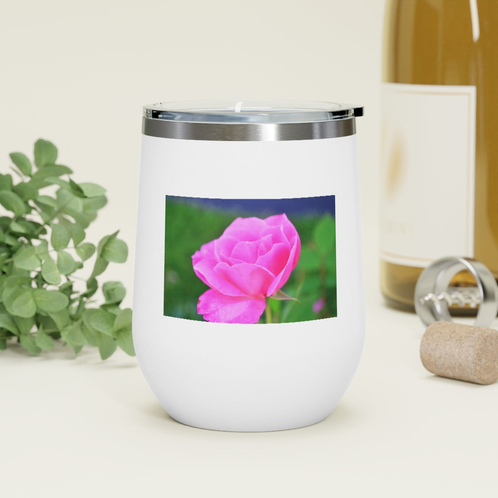 A stylish Pink Flower 12oz Insulated Wine Tumbler with a clear lid, showcasing a vibrant floral design.