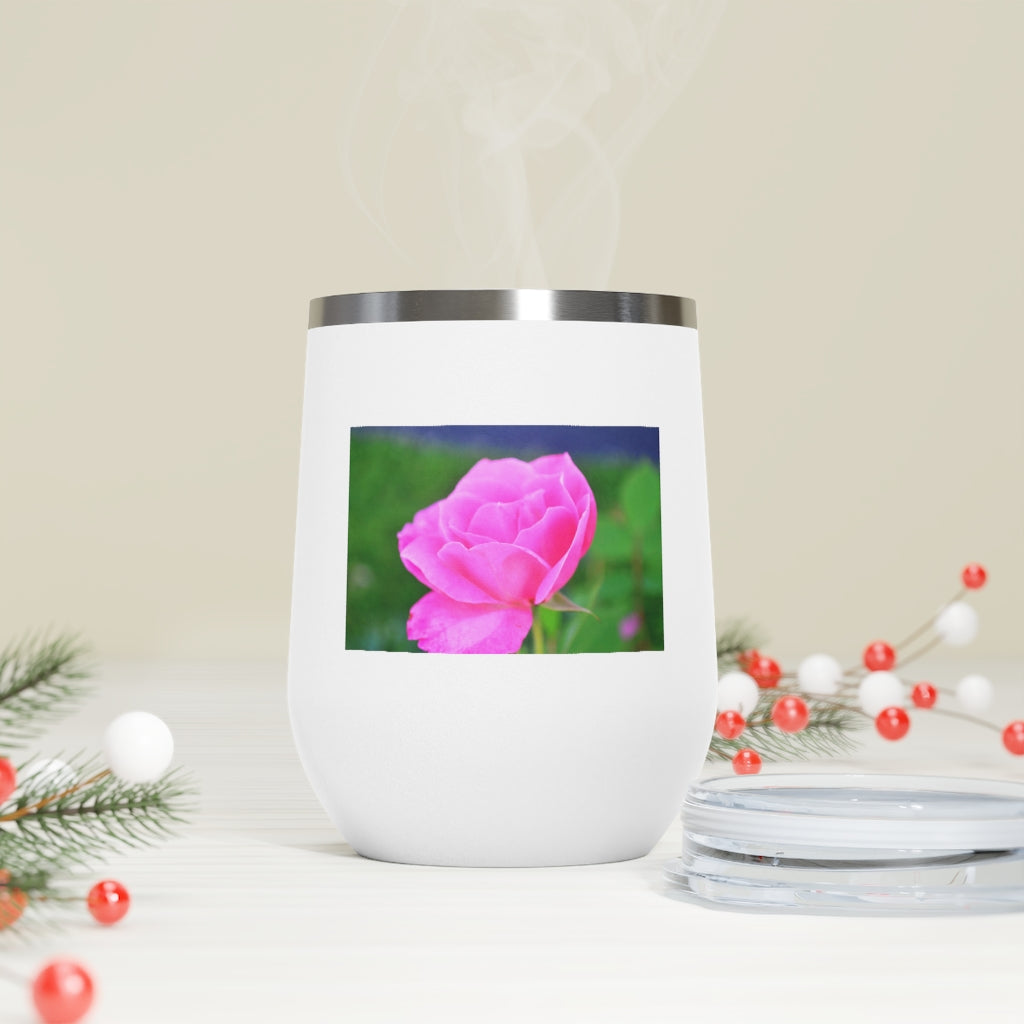 A stylish Pink Flower 12oz Insulated Wine Tumbler with a clear lid, showcasing a vibrant floral design.
