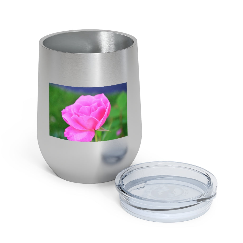 A stylish Pink Flower 12oz Insulated Wine Tumbler with a clear lid, showcasing a vibrant floral design.