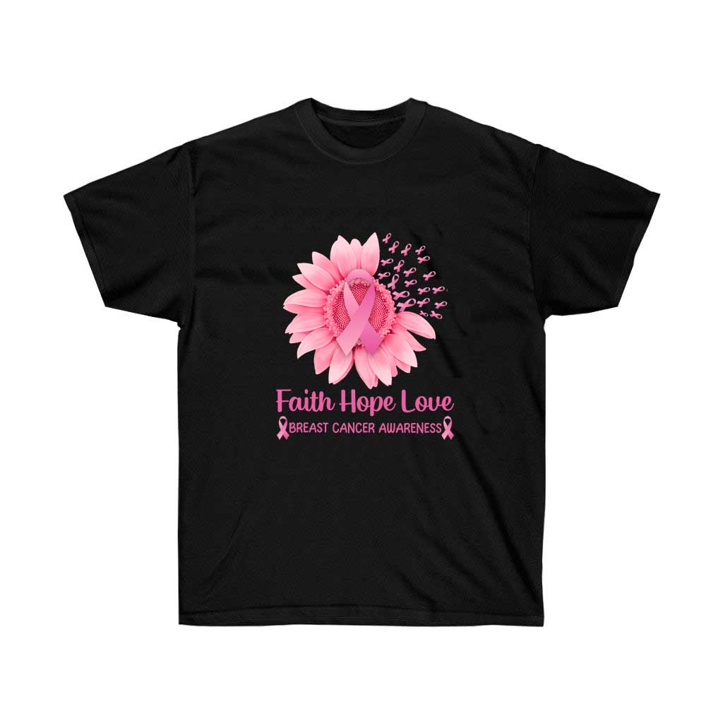 Pink Flower Breast Cancer Awareness T-Shirt featuring a vibrant pink color and floral design, made from 100% soft cotton.