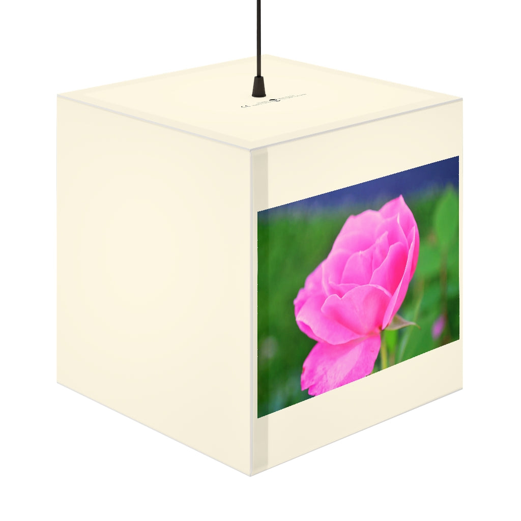 A stylish Pink Flower Personalized Lamp featuring a cube design with a beautiful floral pattern, perfect for home or shop decor.