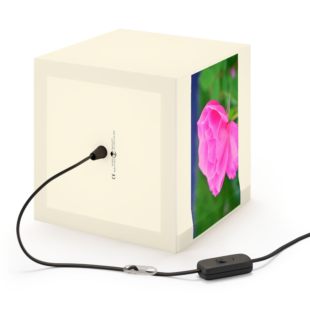 A stylish Pink Flower Personalized Lamp featuring a cube design with a beautiful floral pattern, perfect for home or shop decor.