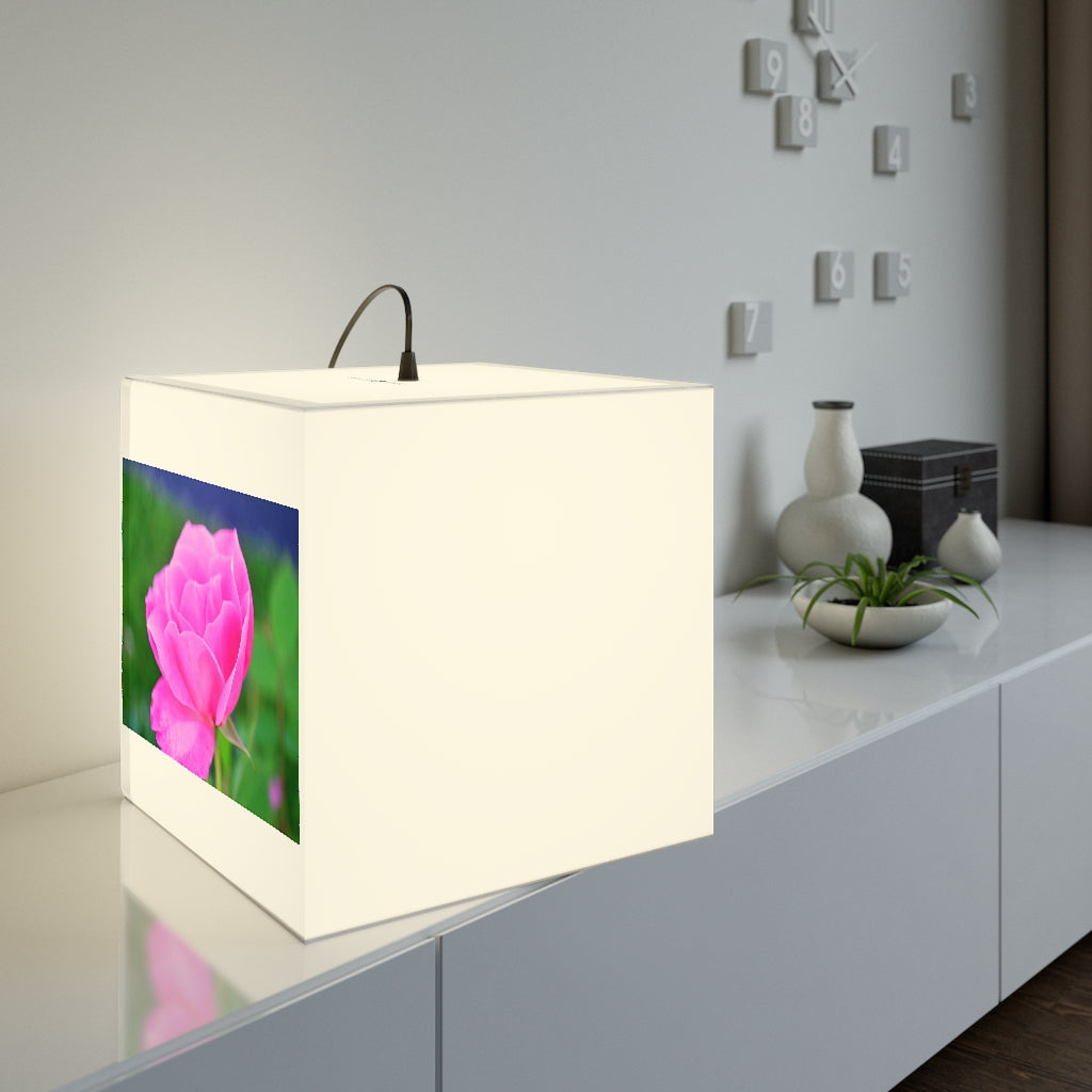 A stylish Pink Flower Personalized Lamp featuring a cube design with a beautiful floral pattern, perfect for home or shop decor.