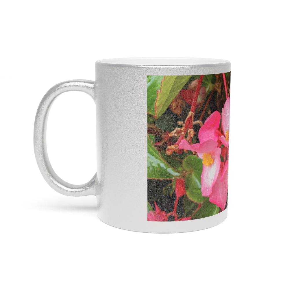 A stylish Pink Flowers Metallic Mug with a shiny Gold or Silver coating, featuring customizable designs on both sides.