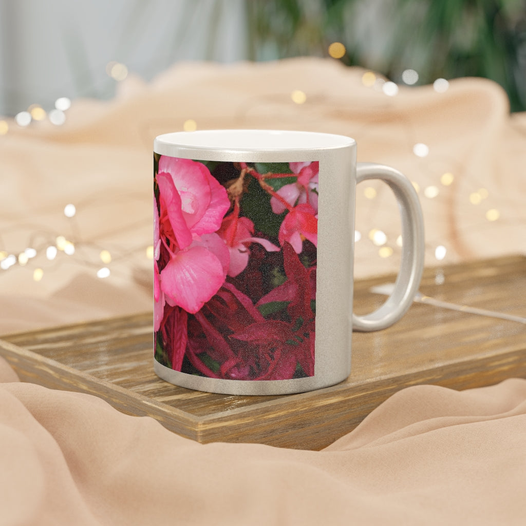 A stylish Pink Flowers Metallic Mug with a shiny Gold or Silver coating, featuring customizable designs on both sides.