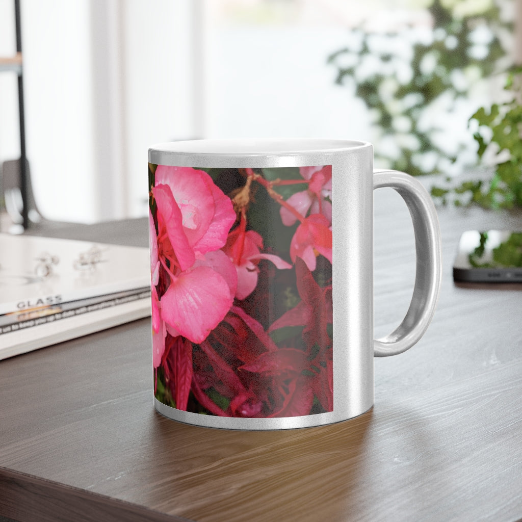 A stylish Pink Flowers Metallic Mug with a shiny Gold or Silver coating, featuring customizable designs on both sides.