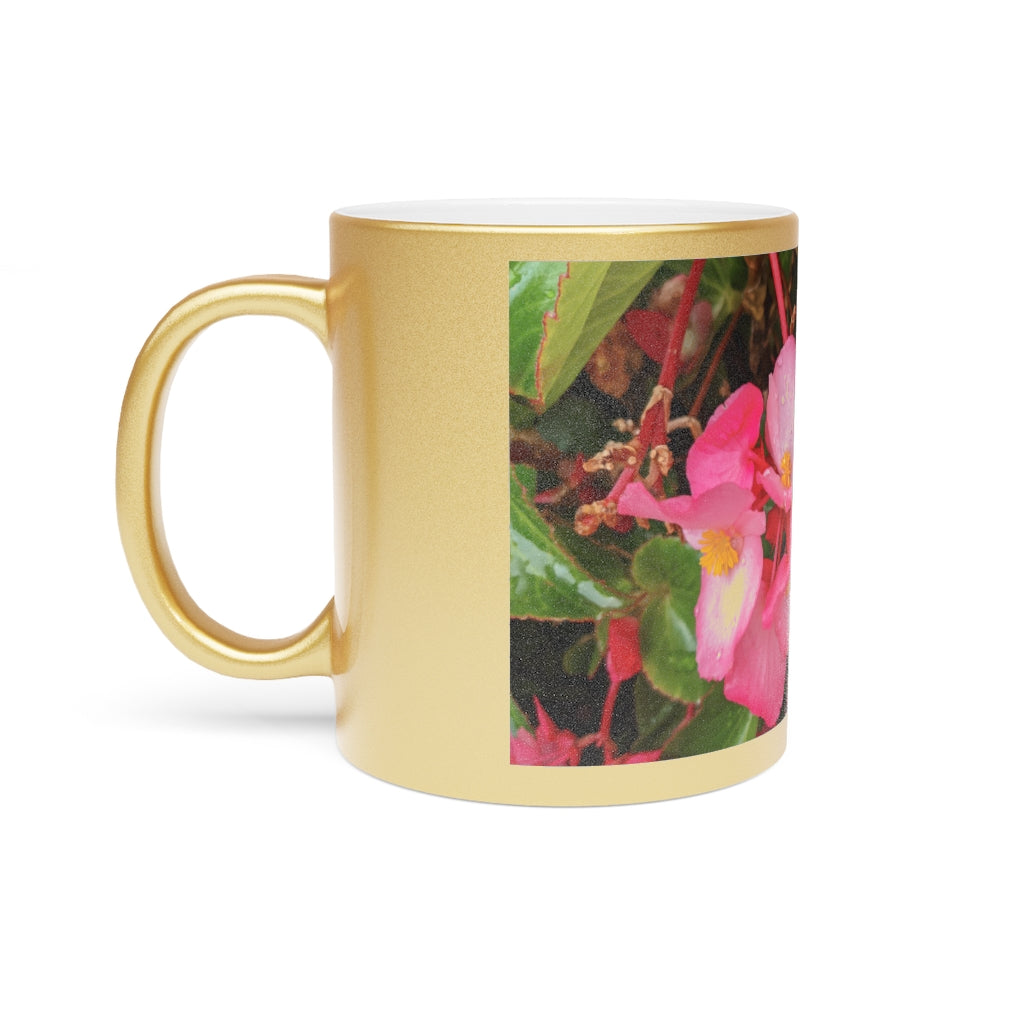 A stylish Pink Flowers Metallic Mug with a shiny Gold or Silver coating, featuring customizable designs on both sides.