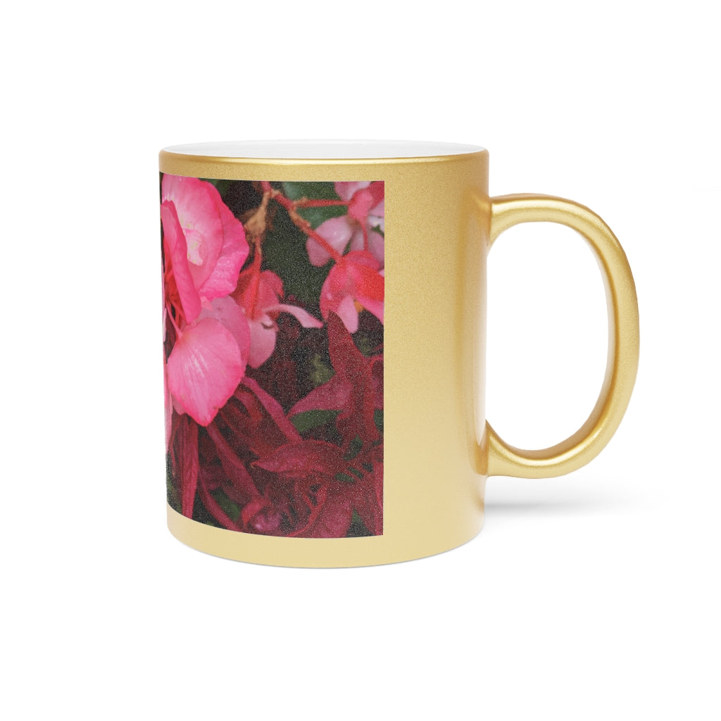 A stylish Pink Flowers Metallic Mug with a shiny Gold or Silver coating, featuring customizable designs on both sides.