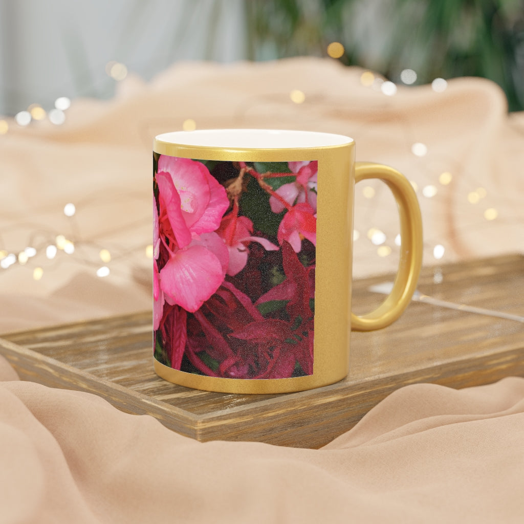 A stylish Pink Flowers Metallic Mug with a shiny Gold or Silver coating, featuring customizable designs on both sides.