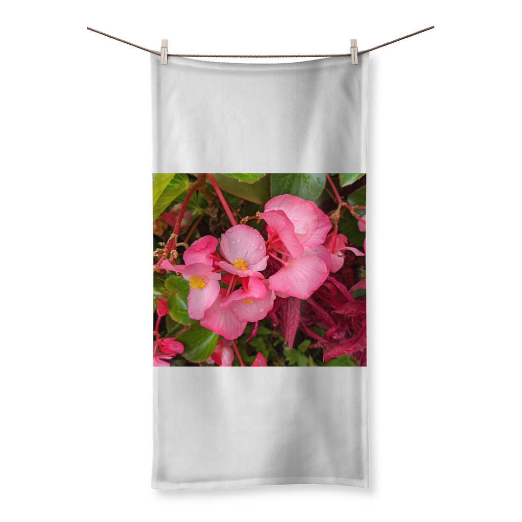 Pink Flowers Sublimation All Over Towel showcasing vibrant floral design on one side and soft cotton texture on the other.