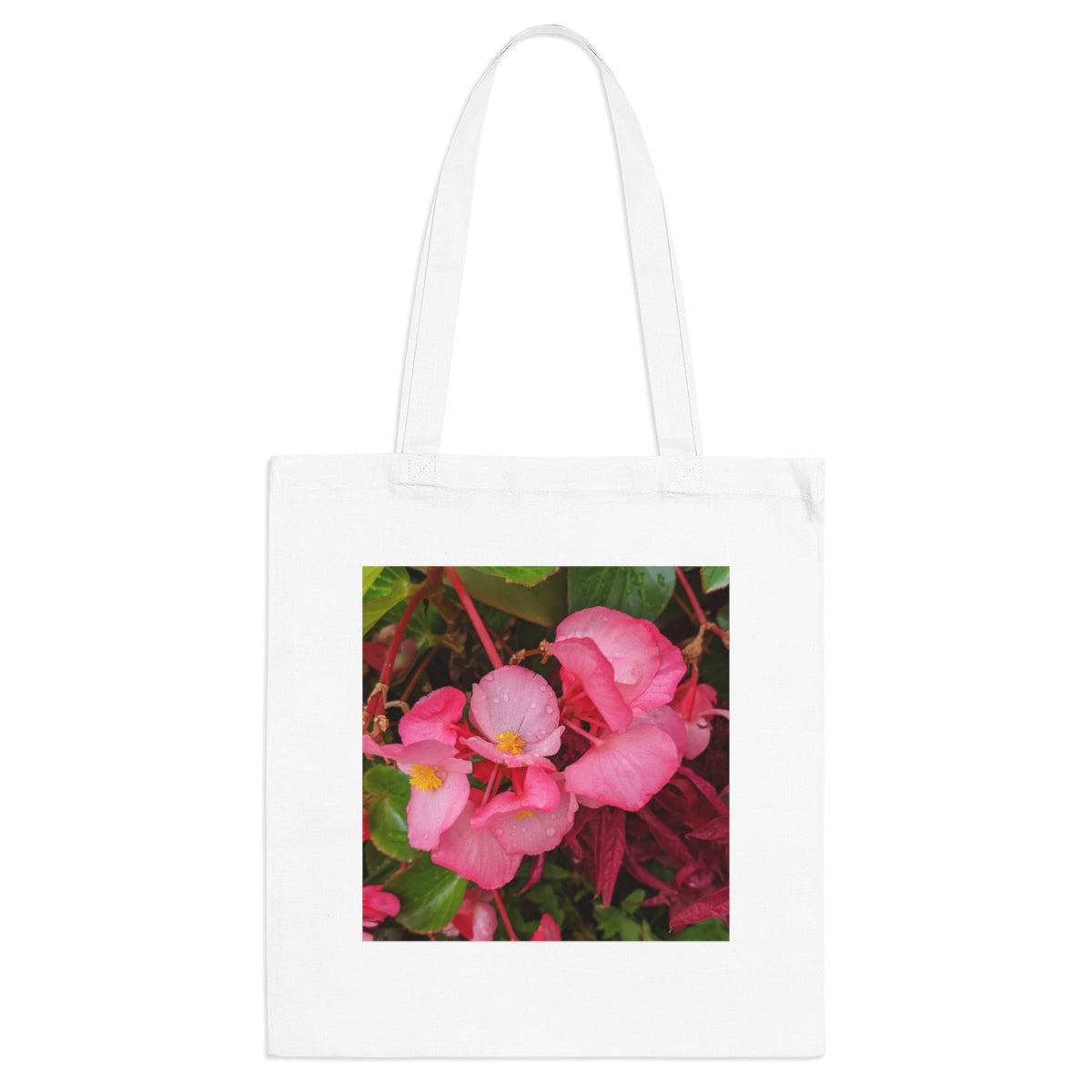 A stylish Pink Flowers Tote Bag made of 100% cotton, featuring long handles and a vibrant floral design.