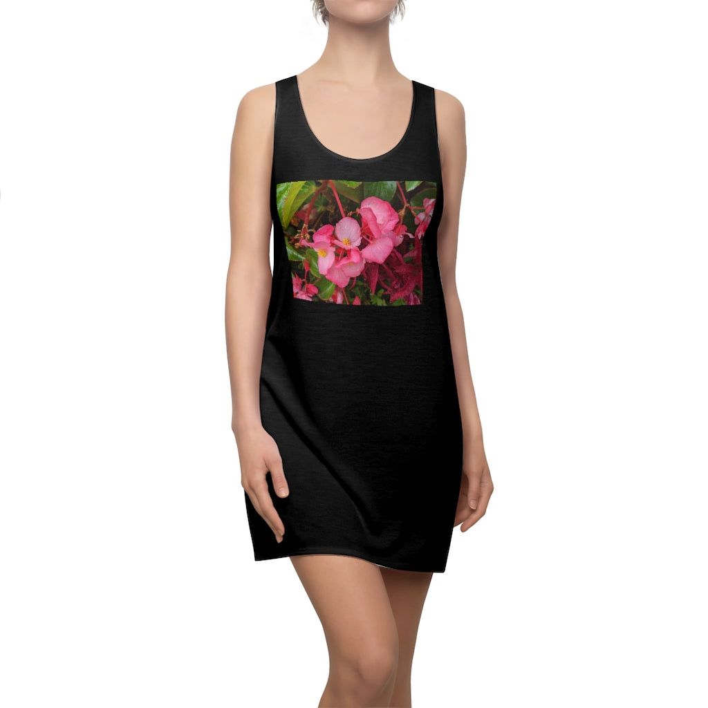 A stylish Pink Flowers Women's Cut & Sew Racerback Dress featuring a floral pattern and sporty fit, perfect for casual and formal occasions.